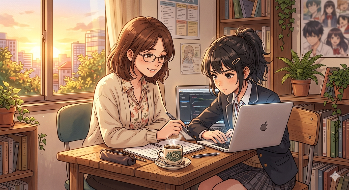 A teacher and student at a laptop, warm late-afternoon light through the window — anime-register illustration.