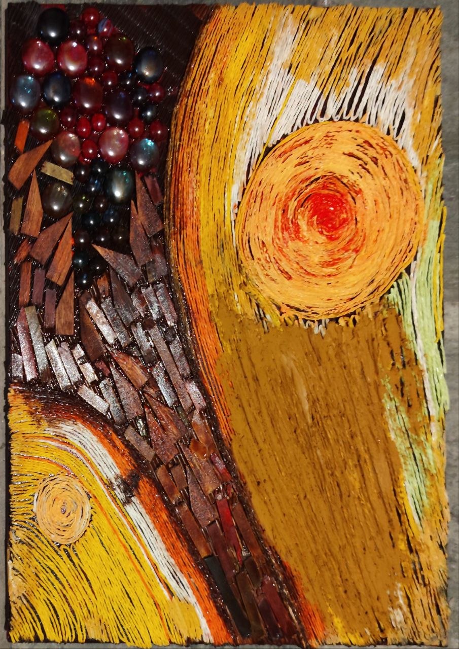 Mixed-media artwork with swirling paint and embedded glass marbles