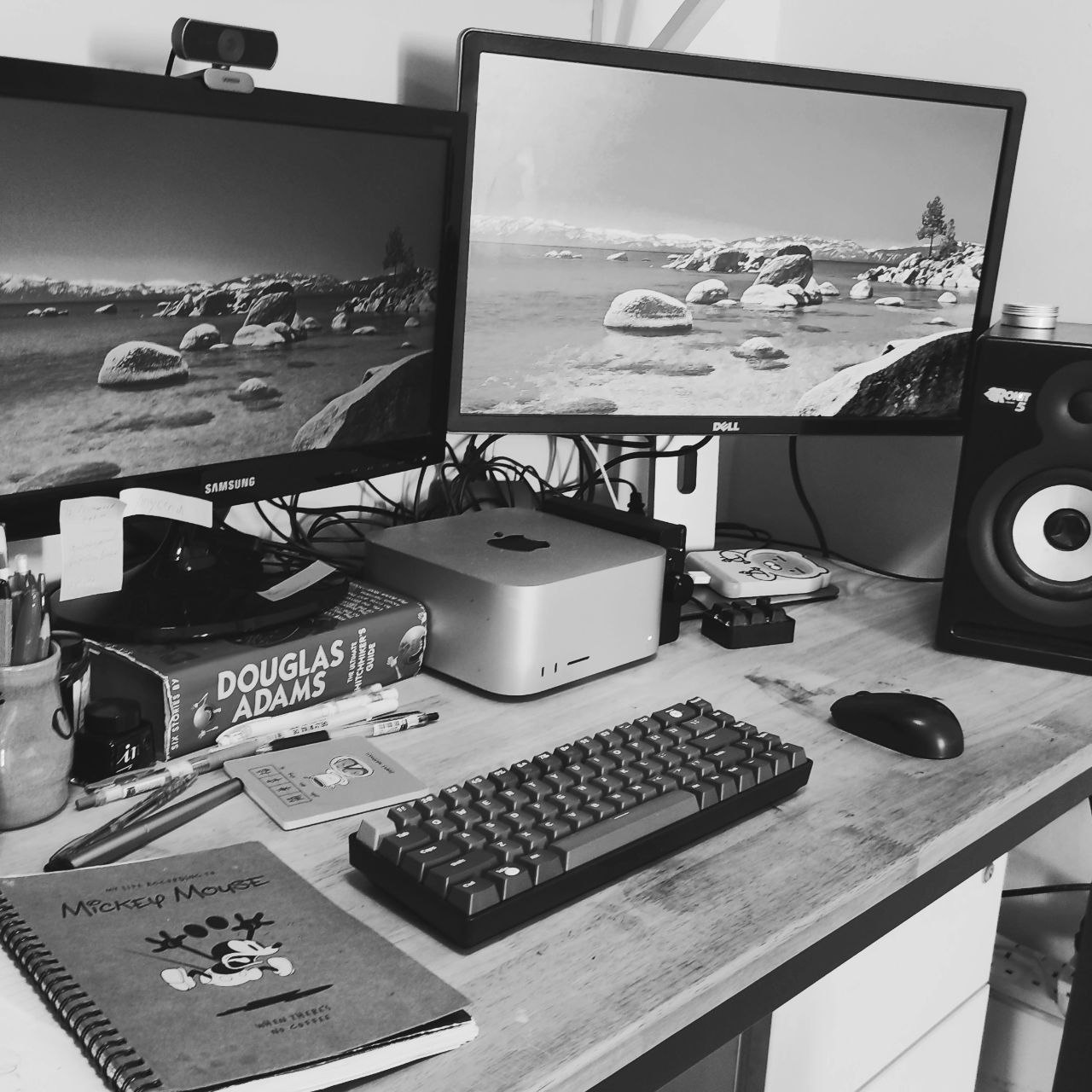 The Sagelion Studio workspace — monitors, audio gear, and a well-used desk